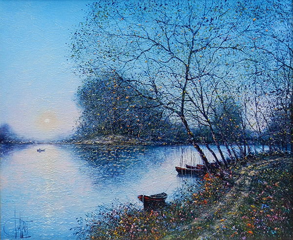 油絵「朝日」 一番小さい油絵○24K純金太陽の日の出赤富士山△がんどうあつし肉筆