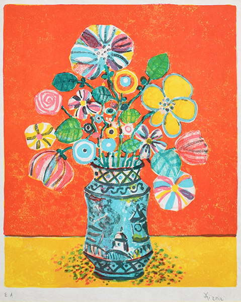 オレンジバックの黄色いテーブルの花束 - 絵画販売・アート購入の翠波
