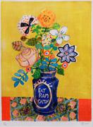 青い花瓶の花_リトグラフ