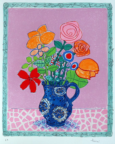 アイズピリ | ピンク背景の青い花瓶の花束