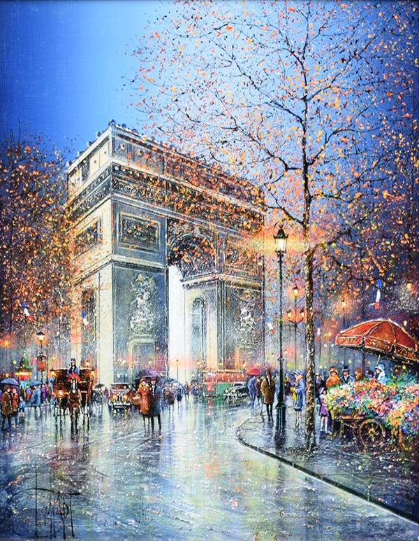 ギィ・デサップ作品紹介｜パリ、夕暮れの凱旋門｜銀座の絵画販売・買取