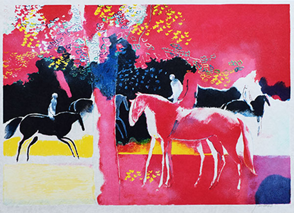 真作保証 ポール・ギヤマン リトグラフ「三頭の白い馬」画寸 65cm×46cm